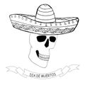 Dia de muertos banner. Skull profile in sombrero hand drawn graphic ink sketch stock vector illustration